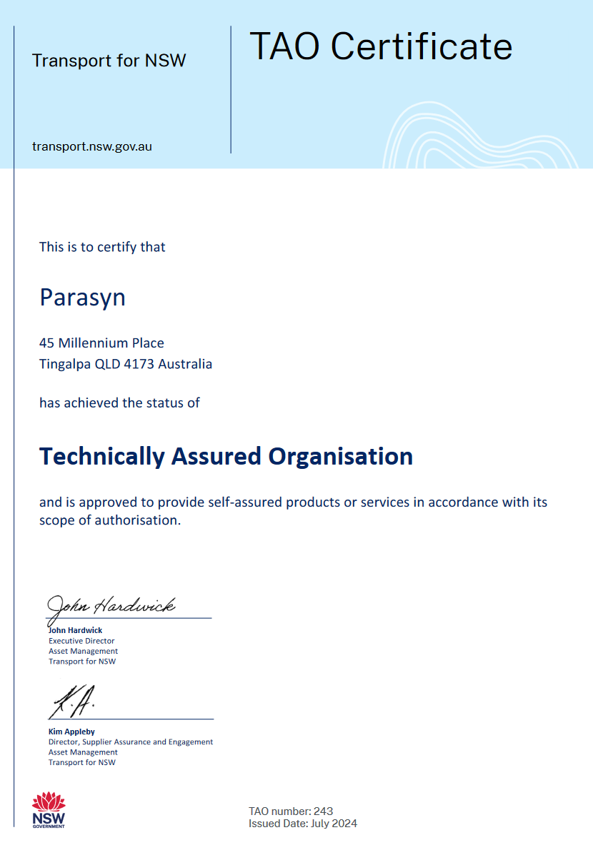 TfNSW Technically Assured Organisation certificate awarded to Parasyn, TAO number 243
